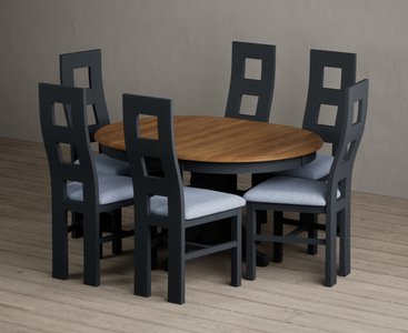 View Extending hertford 100cm - 130cm oak and dark blue painted pedestal dining table with 6 blue painted chairs View Extending hertford 100cm - 130cm oak and dark blue painted pedestal dining table with 6 blue painted chairs