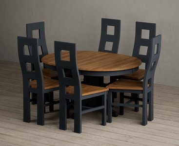View Extending hertford 100cm - 130cm oak and dark blue painted pedestal dining table with 6 rustic oak painted chairs View Extending hertford 100cm - 130cm oak and dark blue painted pedestal dining table with 6 rustic oak painted chairs