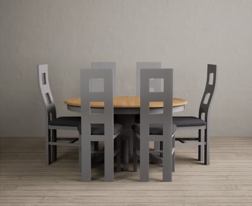 View Extending hertford 100cm - 130cm oak and light grey painted pedestal dining table with 6 charcoal grey painted chairs View Extending hertford 100cm - 130cm oak and light grey painted pedestal dining table with 6 charcoal grey painted chairs