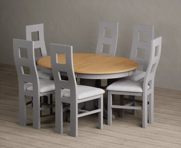 View Extending hertford 100cm - 130cm oak and light grey painted pedestal dining table with 6 light grey painted chairs View Extending hertford 100cm - 130cm oak and light grey painted pedestal dining table with 6 light grey painted chairs