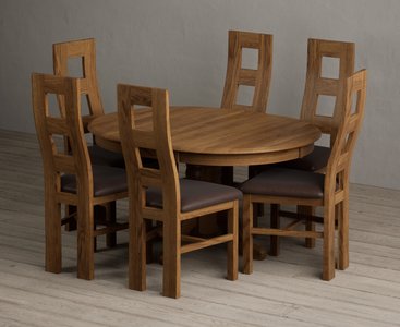 View Extending hertford 100cm - 130cm rustic oak pedestal dining table with 6 brown rustic solid oak chairs View Extending hertford 100cm - 130cm rustic oak pedestal dining table with 6 brown rustic solid oak chairs