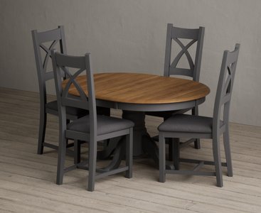 View Extending hertford 100cm - 130cm oak and charcoal grey painted pedestal dining table with 4 charcoal grey painted chairs View Extending hertford 100cm - 130cm oak and charcoal grey painted pedestal dining table with 4 charcoal grey painted chairs