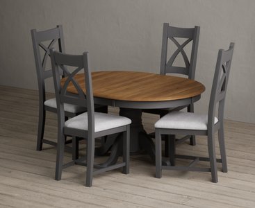 View Extending hertford 100cm - 130cm oak and charcoal grey painted pedestal dining table with 4 light grey painted chairs View Extending hertford 100cm - 130cm oak and charcoal grey painted pedestal dining table with 4 light grey painted chairs