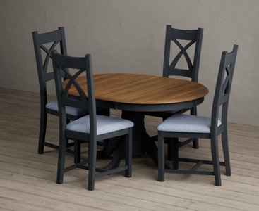 View Extending hertford 100cm - 130cm oak and dark blue painted pedestal dining table with 4 blue painted chairs View Extending hertford 100cm - 130cm oak and dark blue painted pedestal dining table with 4 blue painted chairs