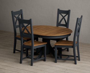View Extending hertford 100cm - 130cm oak and dark blue painted pedestal dining table with 4 rustic oak painted chairs View Extending hertford 100cm - 130cm oak and dark blue painted pedestal dining table with 4 rustic oak painted chairs
