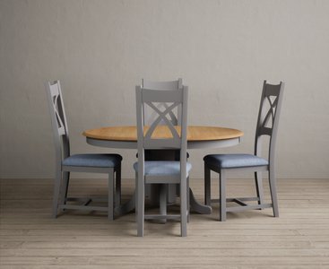 View Extending hertford 100cm - 130cm oak and light grey painted pedestal dining table with 4 blue painted chairs View Extending hertford 100cm - 130cm oak and light grey painted pedestal dining table with 4 blue painted chairs