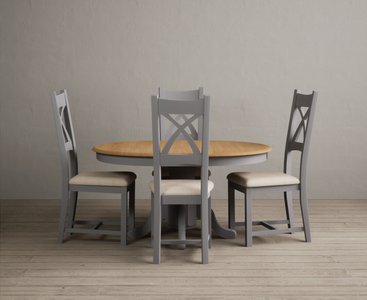 View Extending hertford 100cm - 130cm oak and light grey painted pedestal dining table with 4 linen painted chairs View Extending hertford 100cm - 130cm oak and light grey painted pedestal dining table with 4 linen painted chairs