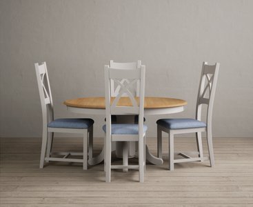 View Extending hertford 100cm - 130cm oak and soft white painted pedestal dining table with 4 blue painted chairs View Extending hertford 100cm - 130cm oak and soft white painted pedestal dining table with 4 blue painted chairs