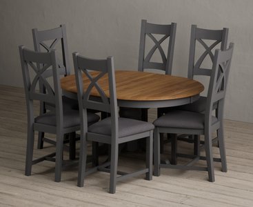 View Extending hertford 100cm - 130cm oak and charcoal grey painted pedestal dining table with 6 charcoal grey painted chairs View Extending hertford 100cm - 130cm oak and charcoal grey painted pedestal dining table with 6 charcoal grey painted chairs