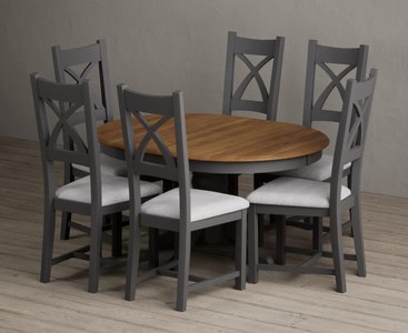 Photo of extending hertford 100cm - 130cm oak and charcoal grey painted pedestal dining table with 6 light grey painted chairs