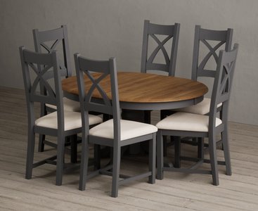 View Extending hertford 100cm - 130cm oak and charcoal grey painted pedestal dining table with 6 charcoal grey painted chairs View Extending hertford 100cm - 130cm oak and charcoal grey painted pedestal dining table with 6 charcoal grey painted chairs