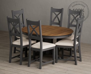 View Extending hertford 100cm - 130cm oak and charcoal grey painted pedestal dining table with 6 rustic oak painted chairs View Extending hertford 100cm - 130cm oak and charcoal grey painted pedestal dining table with 6 rustic oak painted chairs