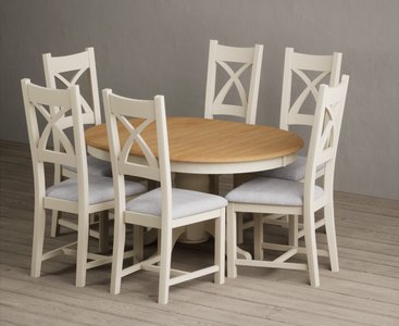 View Extending hertford 100cm - 130cm oak and cream painted pedestal dining table with 6 light grey painted chairs View Extending hertford 100cm - 130cm oak and cream painted pedestal dining table with 6 light grey painted chairs