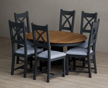 View Extending hertford 100cm - 130cm oak and dark blue painted pedestal dining table with 6 blue painted chairs View Extending hertford 100cm - 130cm oak and dark blue painted pedestal dining table with 6 blue painted chairs