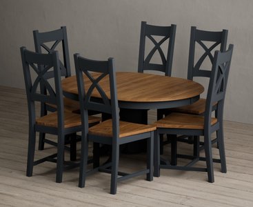 View Extending hertford 100cm - 130cm oak and dark blue painted pedestal dining table with 6 rustic oak painted chairs View Extending hertford 100cm - 130cm oak and dark blue painted pedestal dining table with 6 rustic oak painted chairs