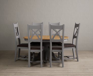 View Extending hertford 100cm - 130cm oak and light grey painted pedestal dining table with 6 brown painted chairs View Extending hertford 100cm - 130cm oak and light grey painted pedestal dining table with 6 brown painted chairs