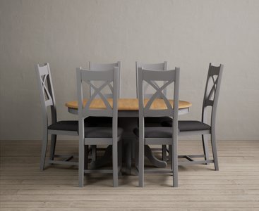 View Extending hertford 100cm - 130cm oak and light grey painted pedestal dining table with 6 charcoal grey painted chairs View Extending hertford 100cm - 130cm oak and light grey painted pedestal dining table with 6 charcoal grey painted chairs