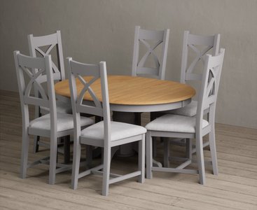 View Extending hertford 100cm - 130cm oak and light grey painted pedestal dining table with 4 light grey painted chairs View Extending hertford 100cm - 130cm oak and light grey painted pedestal dining table with 4 light grey painted chairs
