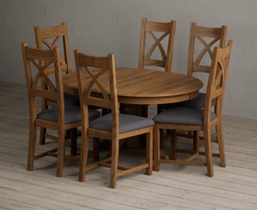 View Extending hertford 100cm - 130cm rustic oak pedestal dining table with 6 charcoal grey rustic solid oak chairs View Extending hertford 100cm - 130cm rustic oak pedestal dining table with 6 charcoal grey rustic solid oak chairs
