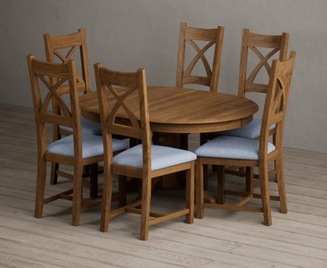 View Extending hertford 100cm - 130cm rustic oak pedestal dining table with 6 blue rustic solid oak chairs View Extending hertford 100cm - 130cm rustic oak pedestal dining table with 6 blue rustic solid oak chairs