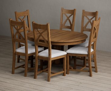 View Extending hertford 100cm - 130cm rustic oak pedestal dining table with 6 light grey rustic solid oak chairs View Extending hertford 100cm - 130cm rustic oak pedestal dining table with 6 light grey rustic solid oak chairs