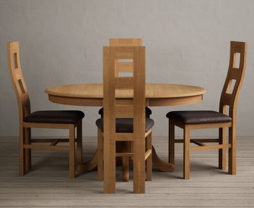 View Extending hertford 100cm - 130cm solid oak pedestal dining table with 4 brown natural chairs View Extending hertford 100cm - 130cm solid oak pedestal dining table with 4 brown natural chairs