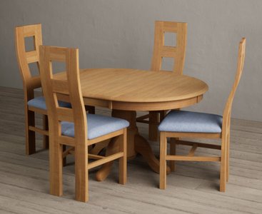 View Extending hertford 100cm - 130cm solid oak pedestal dining table with 4 blue natural chairs View Extending hertford 100cm - 130cm solid oak pedestal dining table with 4 blue natural chairs