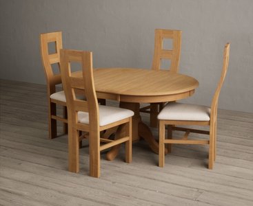 View Extending hertford 100cm - 130cm solid oak pedestal dining table with 4 linen natural chairs View Extending hertford 100cm - 130cm solid oak pedestal dining table with 4 linen natural chairs