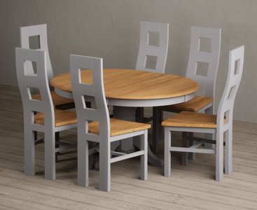 View Extending hertford 100cm - 130cm oak and light grey painted pedestal dining table with 4 light grey painted chairs View Extending hertford 100cm - 130cm oak and light grey painted pedestal dining table with 4 light grey painted chairs