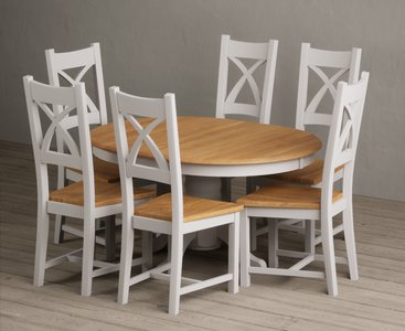 Photo of extending hertford 100cm - 130cm oak and soft white painted pedestal dining table with 6 oak painted chairs
