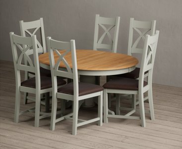 View Extending hertford 100cm - 130cm oak and soft green painted pedestal dining table with 6 brown painted chairs View Extending hertford 100cm - 130cm oak and soft green painted pedestal dining table with 6 brown painted chairs