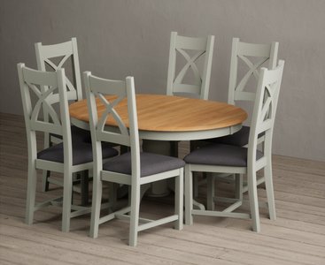 View Extending hertford 100cm - 130cm oak and soft green painted pedestal dining table with 6 charcoal grey painted chairs View Extending hertford 100cm - 130cm oak and soft green painted pedestal dining table with 6 charcoal grey painted chairs