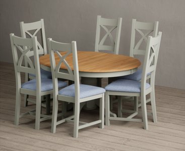 View Extending hertford 100cm - 130cm oak and soft green painted pedestal dining table with 6 blue painted chairs View Extending hertford 100cm - 130cm oak and soft green painted pedestal dining table with 6 blue painted chairs