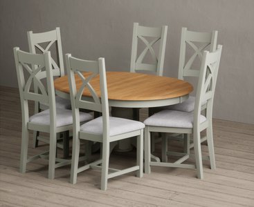 View Extending hertford 100cm - 130cm oak and soft green painted pedestal dining table with 6 light grey painted chairs View Extending hertford 100cm - 130cm oak and soft green painted pedestal dining table with 6 light grey painted chairs
