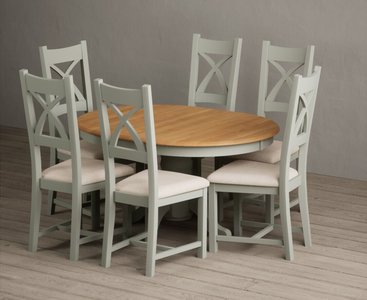 View Extending hertford 100cm - 130cm oak and soft green painted pedestal dining table with 6 oak painted chairs View Extending hertford 100cm - 130cm oak and soft green painted pedestal dining table with 6 oak painted chairs