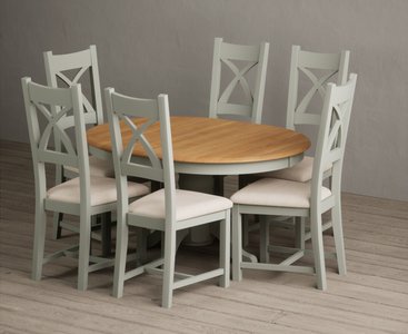 View Extending hertford 100cm - 130cm oak and soft green painted pedestal dining table with 6 linen painted chairs View Extending hertford 100cm - 130cm oak and soft green painted pedestal dining table with 6 linen painted chairs