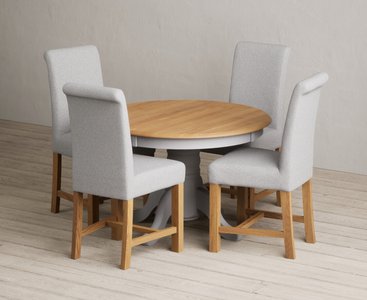 Photo of extending hertford 100cm - 130cm oak and light grey painted pedestal dining table with 4 grey braced chairs
