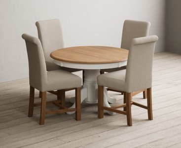 View Extending hertford 100cm - 130cm oak and signal white painted pedestal dining table with 4 natural braced chairs View Extending hertford 100cm - 130cm oak and signal white painted pedestal dining table with 4 natural braced chairs