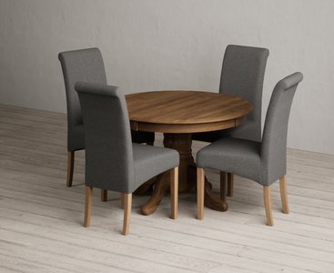 View Extending hertford 100cm - 130cm rustic oak pedestal dining table with 4 charcoal grey scroll back chairs View Extending hertford 100cm - 130cm rustic oak pedestal dining table with 4 charcoal grey scroll back chairs
