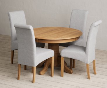 View Extending hertford 100cm - 130cm solid oak pedestal dining table with 4 grey scroll back chairs View Extending hertford 100cm - 130cm solid oak pedestal dining table with 4 grey scroll back chairs