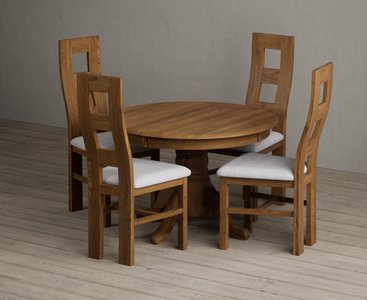 View Extending hertford 100cm - 130cm rustic oak pedestal dining table with 4 light grey rustic solid oak chairs View Extending hertford 100cm - 130cm rustic oak pedestal dining table with 4 light grey rustic solid oak chairs