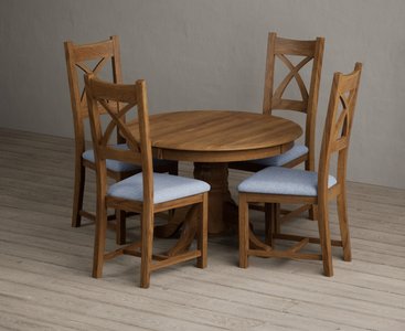 View Extending hertford 100cm - 130cm rustic oak pedestal dining table with 4 blue rustic solid oak chairs View Extending hertford 100cm - 130cm rustic oak pedestal dining table with 4 blue rustic solid oak chairs