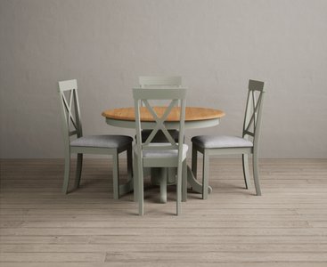View Extending hertford 100cm - 130cm oak and soft green painted pedestal dining table with 4 light grey painted chairs View Extending hertford 100cm - 130cm oak and soft green painted pedestal dining table with 4 light grey painted chairs