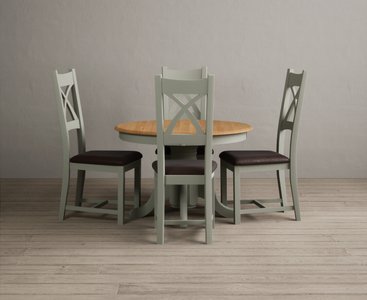 View Extending hertford 100cm - 130cm oak and soft green painted pedestal dining table with 4 brown painted chairs View Extending hertford 100cm - 130cm oak and soft green painted pedestal dining table with 4 brown painted chairs