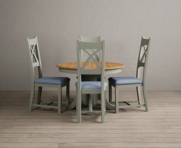 View Extending hertford 100cm - 130cm oak and soft green painted pedestal dining table with 4 blue painted chairs View Extending hertford 100cm - 130cm oak and soft green painted pedestal dining table with 4 blue painted chairs