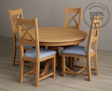 View Hertford 120cm fixed top solid oak round pedestal table with 4 blue natural solid oak chairs View Hertford 120cm fixed top solid oak round pedestal table with 4 blue natural solid oak chairs