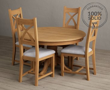 View Hertford 120cm fixed top solid oak round pedestal table with 4 light grey natural solid oak chairs View Hertford 120cm fixed top solid oak round pedestal table with 4 light grey natural solid oak chairs