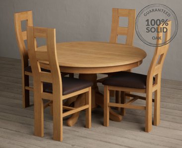 View Hertford 120cm fixed top solid oak round pedestal table with 4 brown natural chairs View Hertford 120cm fixed top solid oak round pedestal table with 4 brown natural chairs