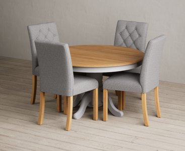 View Hertford 120cm fixed top oak and light grey painted dining table with 6 grey isabella chairs View Hertford 120cm fixed top oak and light grey painted dining table with 6 grey isabella chairs