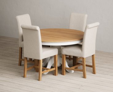 View Hertford 120cm fixed top oak and signal white painted dining table with 6 grey braced chairs View Hertford 120cm fixed top oak and signal white painted dining table with 6 grey braced chairs